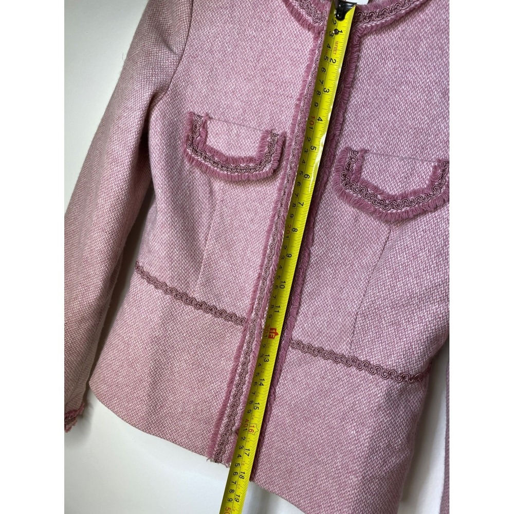 VTG Chic Pink Tweed Collarless Jacket Blazer Women Embellished Trim lined nice! - Picture 12 of 15